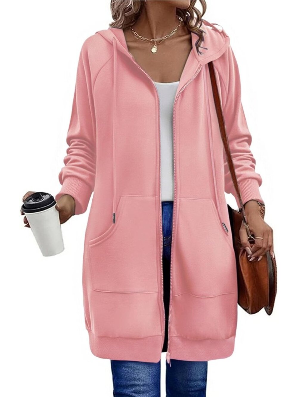 Women's Pink Oversized Long Fleece Hoodie Full Zip Tunic Drawstring Pockets